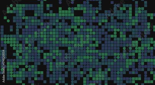 Abstract digital mosaic pattern with green and blue squares.