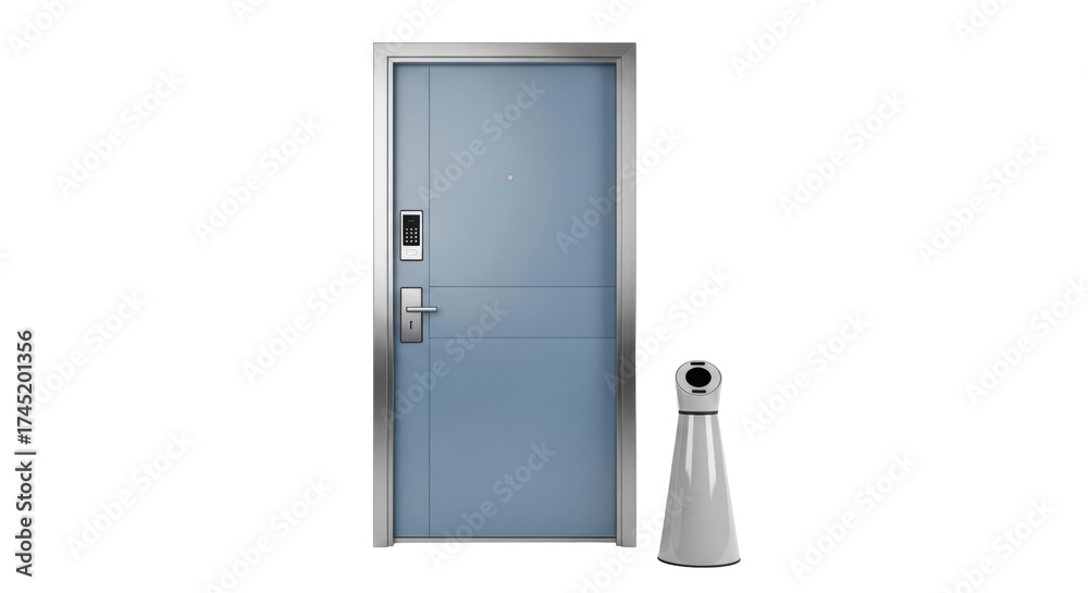 Naklejka premium Isolated blue security door with digital lock and futuristic white trash receptacle