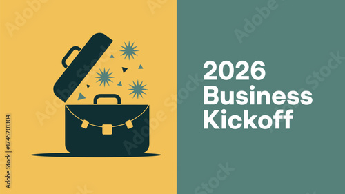 Open briefcase with geometric shapes on a yellow background next to business kickoff text on green