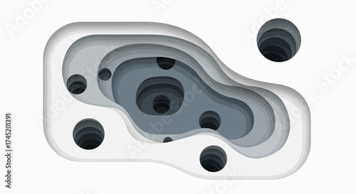 Abstract layered paper cut design with dark holes and shadows.