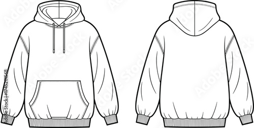 CAD drawing flat vector illustration, hoodie sweatshirt design, fashion sketch, garment construction, apparel template, front and back view, kangaroo pocket, drawstring hood