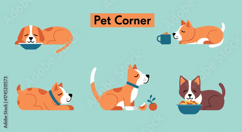 Adorable dogs enjoying their meals and drinks in various poses and settings.