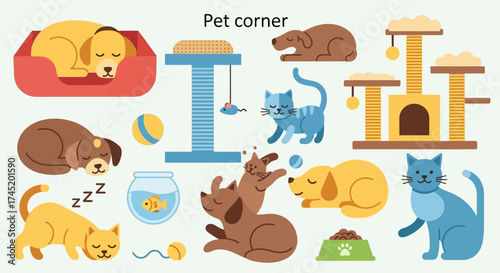 Adorable pets relaxing and playing in their cozy corner with toys and accessories.