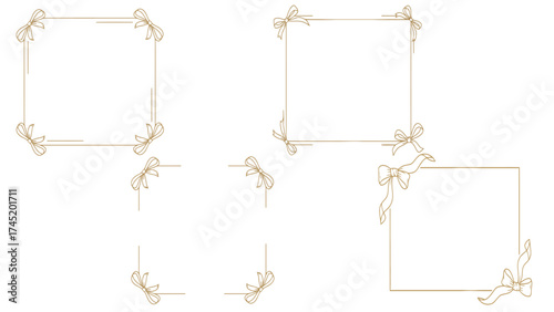 Luxury gold square wedding ribbon frame set with graceful bows, clean line vector
