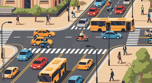 Busy city intersection with cars buses and pedestrians crossing the street.