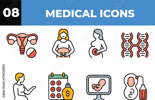 Set of medical icons representing reproductive health and fertility concepts