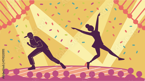 Dynamic dance performance silhouette with spotlight, capturing the energy of music and movement for entertainment event promotion or artistic expression