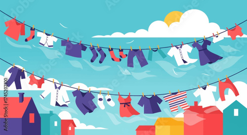 Clothesline full of colorful garments hanging in the bright sunlight drying.