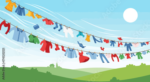 Clothesline of colorful clothing blowing in the wind under a bright sun.
