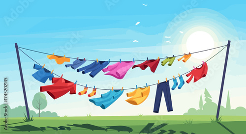 Clothesline with colorful garments drying under the bright sunshine on a breezy day.