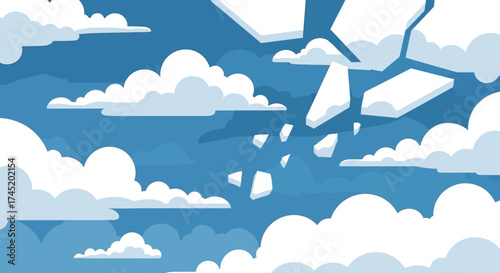 Cloudy sky with white fluffy clouds floating in the blue atmosphere.