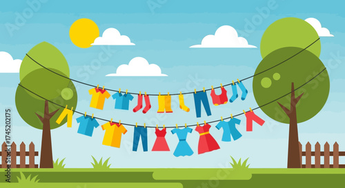 Clothesline of colorful garments hanging outside on a sunny day.