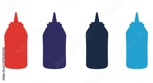 Four condiment bottles in red purple dark blue and light blue