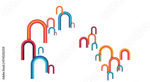Colorful abstract shapes arrangement on white background, artistic composition.