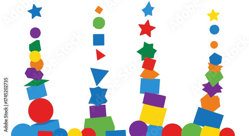 Colorful geometric shapes stacked in vertical columns creating abstract art.