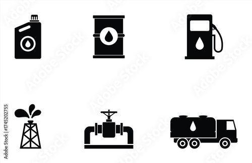 Oil Industry Icon Set Including Barrel, Fuel Pump, Pipeline, Tank Truck, and Oil Rig in Black Silhouette Style