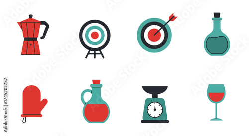 Collection of colorful flat design icons featuring kitchen and hobby items