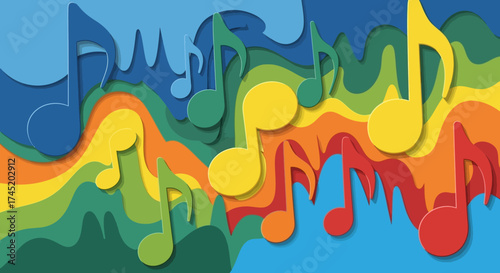 Colorful musical notes cascade across a vibrant spectrum of hues.