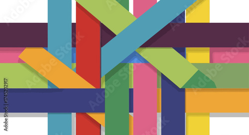 Colorful overlapping ribbons create a vibrant and dynamic abstract composition.