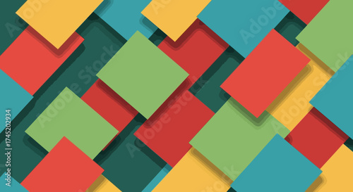 Colorful overlapping squares create a vibrant and dynamic abstract composition.