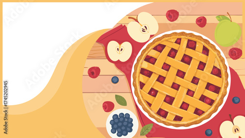 Delightful lattice-topped berry pie with fresh apples and blueberries, a charming illustration perfect for food blogs, recipe cards, and seasonal promotions