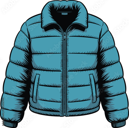 CAD drawing flat vector illustration, blue puffer jacket design, quilted outerwear, fashion sketch, garment construction, apparel template, front zipper, winter style