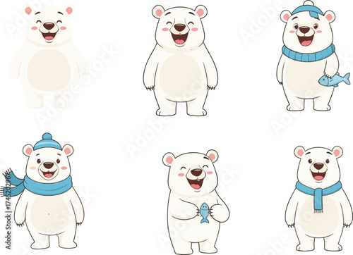 Cartoon polar bear character illustration set, six expressive poses with winter hats, scarves and fish props, Arctic animal vector, holiday sticker asset