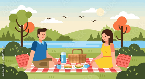 Couple enjoying a picnic in a beautiful park setting.