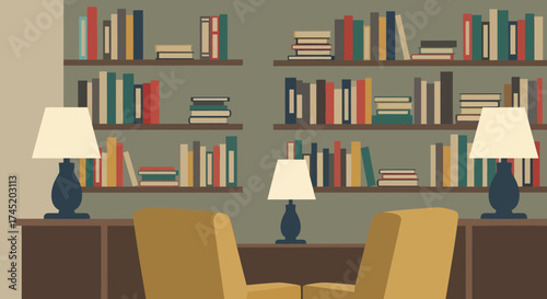 Cozy library scene with comfortable chairs and lamps.