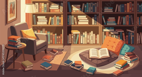 Cozy reading nook with armchair, books, and soft lighting creating a relaxing atmosphere.