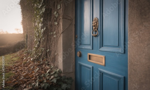 A blue door with a brass knocker, part of a stone wall with ivy, morning light