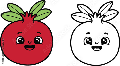 Cartoon pomegranate fruit character, cute red fruit with smiling face and crown leaves, kids coloring book page, healthy food vector design