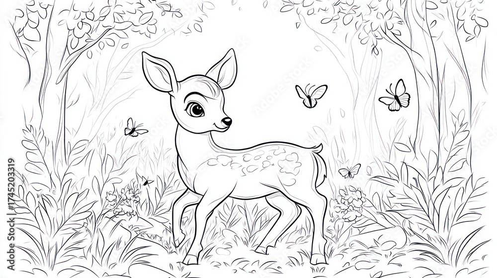 Obraz premium Cute fawn in a forest scene. Detailed line art of a young deer, with lush foliage, butterflies, and flowers. Perfect for coloring