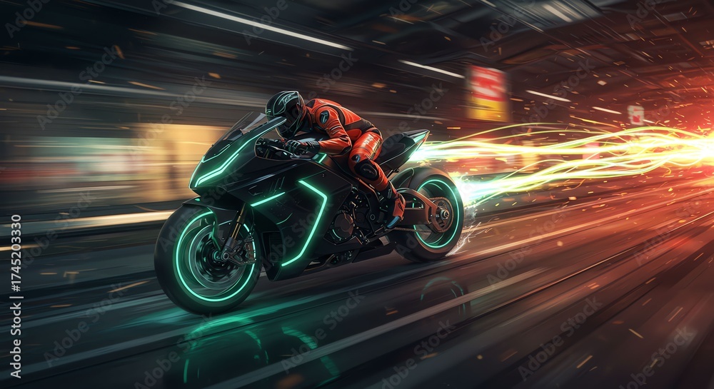 Obraz premium Futuristic Motorcycle Rider Riding High Speed Bike with Neon Lights in City at Night