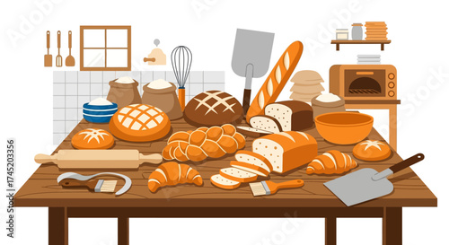 Delicious assortment of freshly baked bread and pastries on a wooden table.