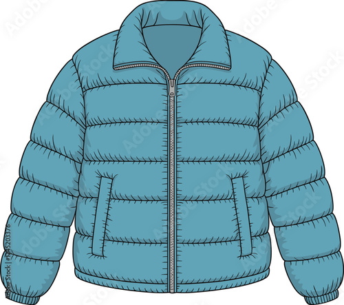 CAD drawing flat vector illustration, blue quilted puffer jacket, fashion sketch, garment construction, apparel template, front zipper, winter outerwear design