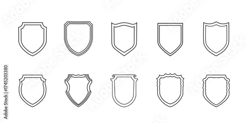 Set of blank shield outline icons. Collection of heraldic badge shapes, black linear emblems, frames or coat of arms templates for logo, label, or security symbol design. Editable Stroke
