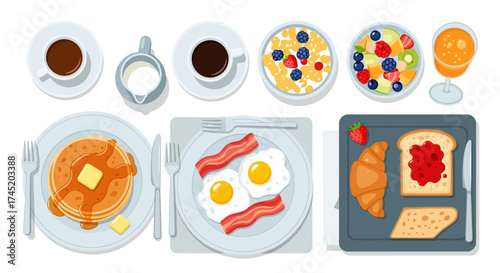 Delicious breakfast spread featuring pancakes eggs bacon and various other treats.