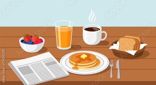 Delicious breakfast spread featuring pancakes, toast, fruit, coffee, and juice.