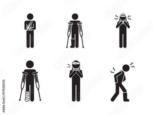 Stick Figure Patient Injury Icon Set Broken Arm, Leg Casts, Headache, Sore Throat, and Back Pain vector icon set with white background