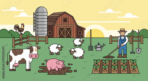 Farm scene with animals and farmer working on the field.