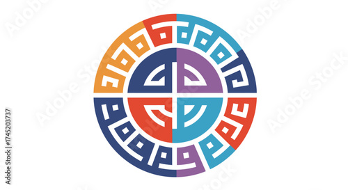 Colorful geometric oval emblem with a repeating patterned border design