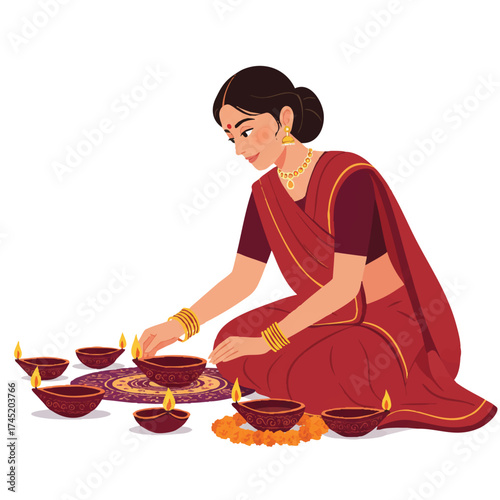 Oil lamp, carefully placed by a young Indian woman in traditional attire, a vibrant 2D flat vector illustration showing a joyous Diwali festival celebration with unlit diyas.