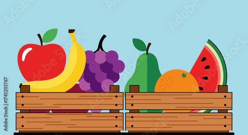 Fresh fruits in wooden crates ready for market display and sale.