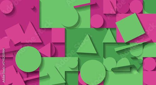 Geometric shapes in vibrant colors create a dynamic abstract composition.