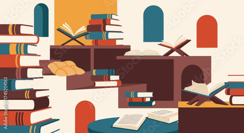 Islamic Library Illustration Depicting Books and Reading.