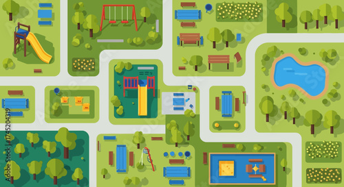 Playground map illustration featuring slides swings and various recreational areas.