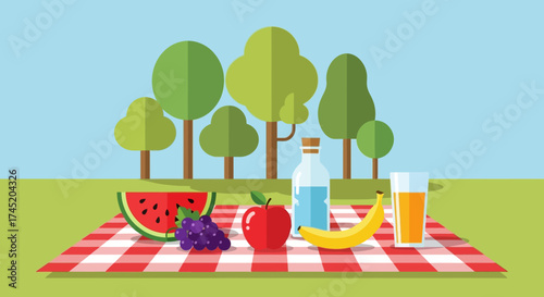 Picnic spread with fruits and drinks on a checkered blanket outdoors.