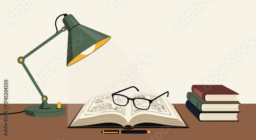 Reading lamp illuminates book with glasses and stacked books on desk.