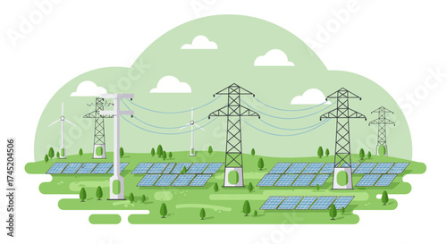 Sustainable energy landscape with solar panels and wind turbines